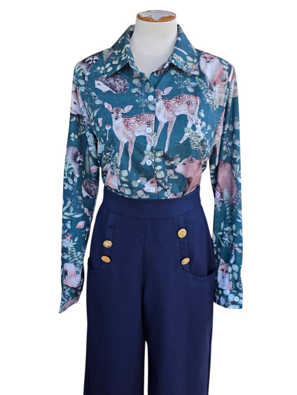 Woodland Animals Button Down Shirt Deer Fox Rabbit Hedgehog Cottagecore Womens M